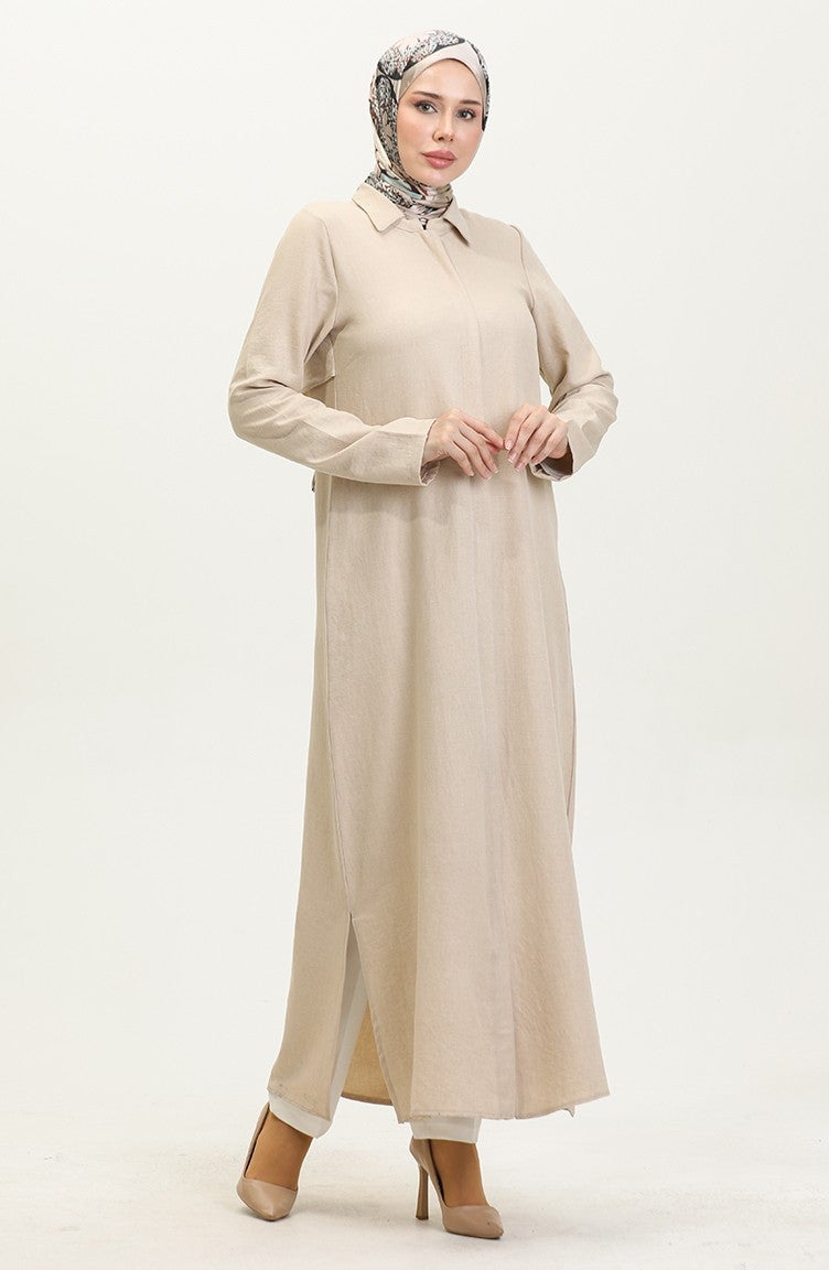 Sefa Merve Shirt Collar Abaya 24019-03 Beige - Image 2