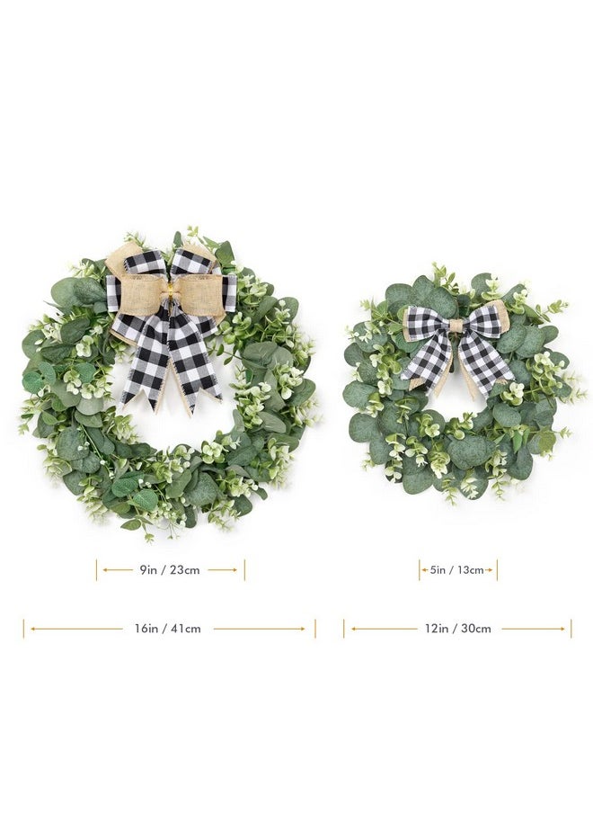 Dremisland Dremisland 12" Artificial Eucalyptus Wreath with Plaid Bow | Spring Summer Green Leaf Wreath for Front Door Window Porch Farmhouse Decor Festival Celebration Home Decor (White&Black Plaid-Small)  - Image 4