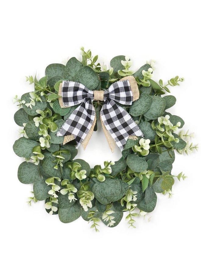 Dremisland Dremisland 12" Artificial Eucalyptus Wreath with Plaid Bow | Spring Summer Green Leaf Wreath for Front Door Window Porch Farmhouse Decor Festival Celebration Home Decor (White&Black Plaid-Small)  - Image 1