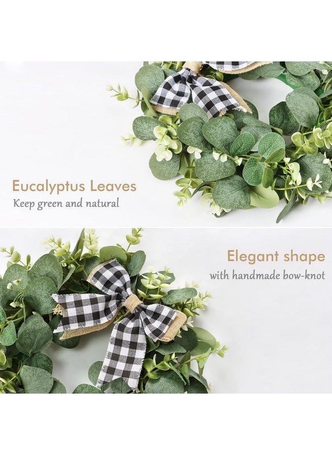 Dremisland Dremisland 12" Artificial Eucalyptus Wreath with Plaid Bow | Spring Summer Green Leaf Wreath for Front Door Window Porch Farmhouse Decor Festival Celebration Home Decor (White&Black Plaid-Small)  - Image 3