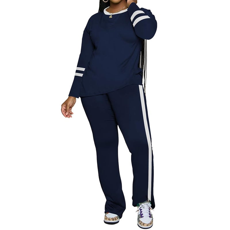 PINSV 2 Piece Sets for Women Fall Casual Outfits Long Sleeve Top and Flare Pants Lounge Sets Track suit Dark Blue L - Image 3