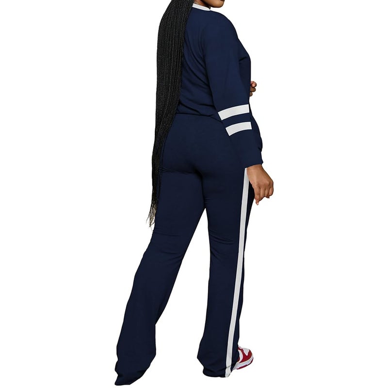 PINSV 2 Piece Sets for Women Fall Casual Outfits Long Sleeve Top and Flare Pants Lounge Sets Track suit Dark Blue L - Image 4