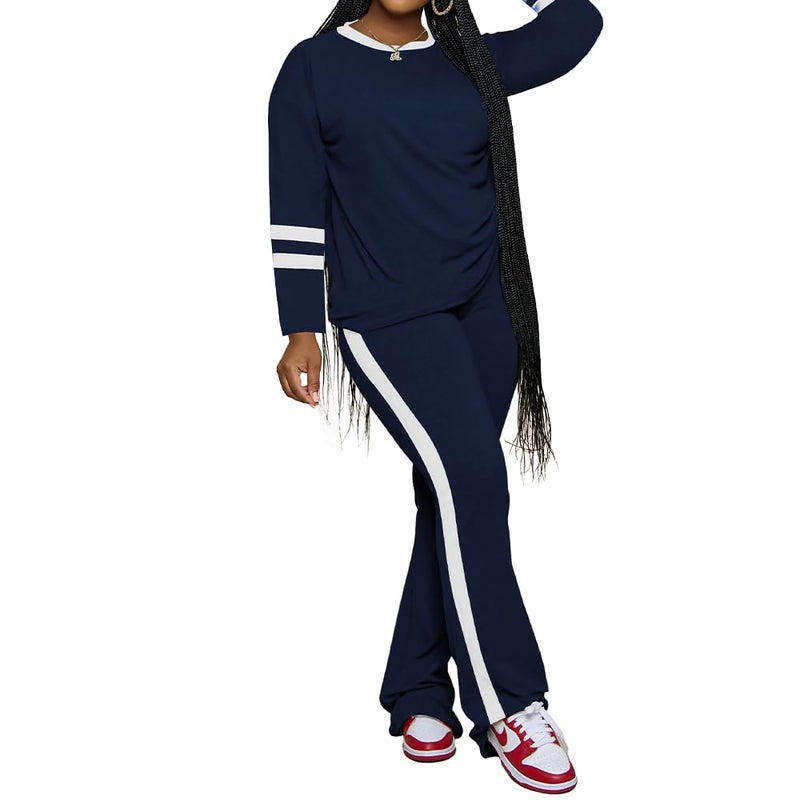 PINSV 2 Piece Sets for Women Fall Casual Outfits Long Sleeve Top and Flare Pants Lounge Sets Track suit Dark Blue L - Image 1