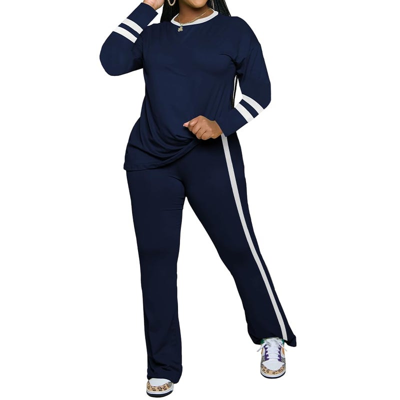 PINSV 2 Piece Sets for Women Fall Casual Outfits Long Sleeve Top and Flare Pants Lounge Sets Track suit Dark Blue L - Image 2