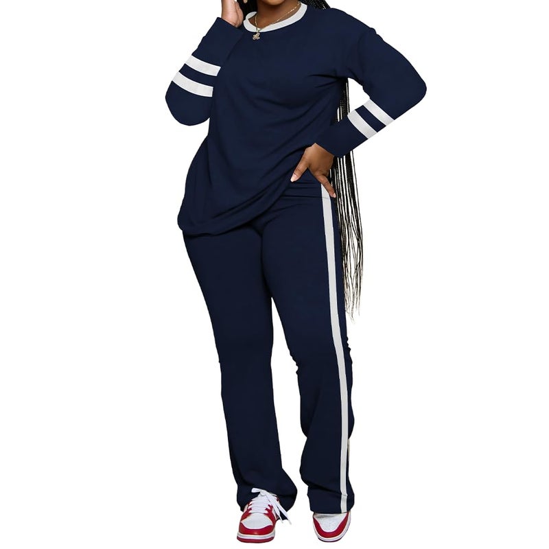 PINSV 2 Piece Sets for Women Fall Casual Outfits Long Sleeve Top and Flare Pants Lounge Sets Track suit Dark Blue L - Image 5