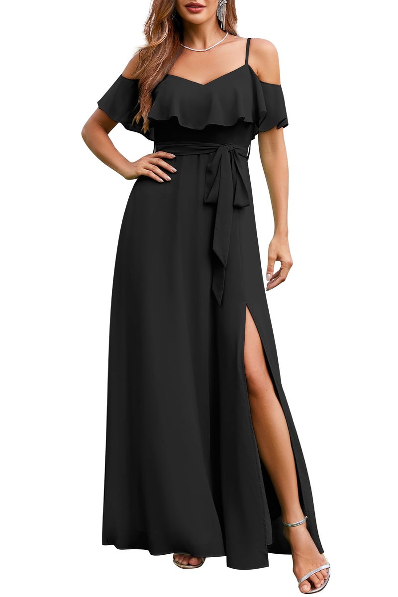 Talisea Formal Dresses for Women Black Off the Shoulder Wedding Guest Evening Prom Wedding Chiffon Flowy Split A-Line Long Dress - Image 1