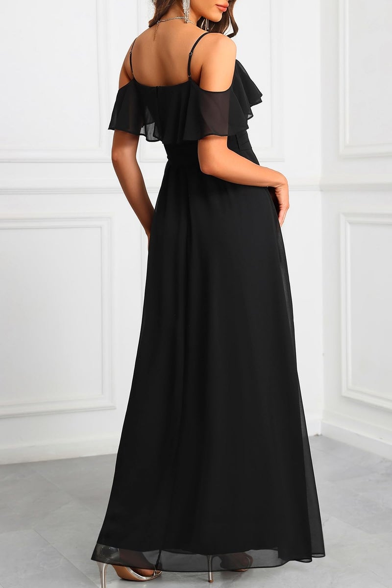 Talisea Formal Dresses for Women Black Off the Shoulder Wedding Guest Evening Prom Wedding Chiffon Flowy Split A-Line Long Dress - Image 3
