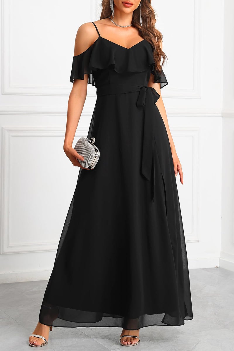 Talisea Formal Dresses for Women Black Off the Shoulder Wedding Guest Evening Prom Wedding Chiffon Flowy Split A-Line Long Dress - Image 4