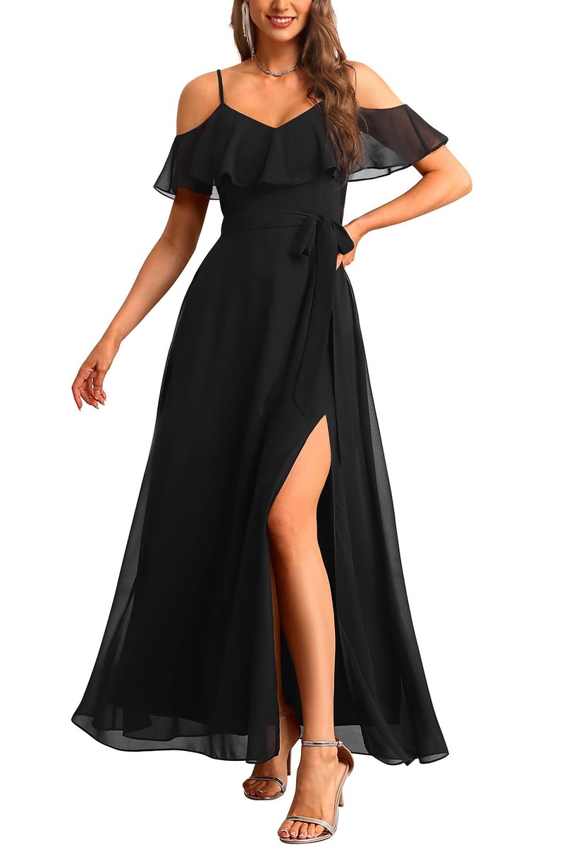 Talisea Formal Dresses for Women Black Off the Shoulder Wedding Guest Evening Prom Wedding Chiffon Flowy Split A-Line Long Dress - Image 2