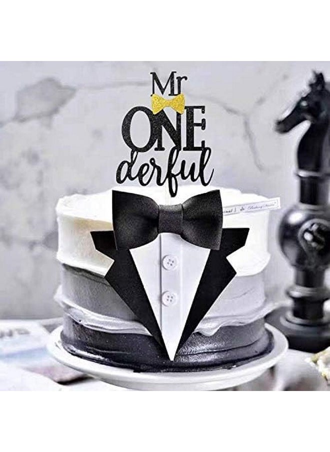Confetti - Confetti! Mr Onederful Cake Topper Black Glitter 1st First Cake Decorations with Bow Tie 1st Birthday/Baby Shower/1st Birthday Cake Décor - Image 1