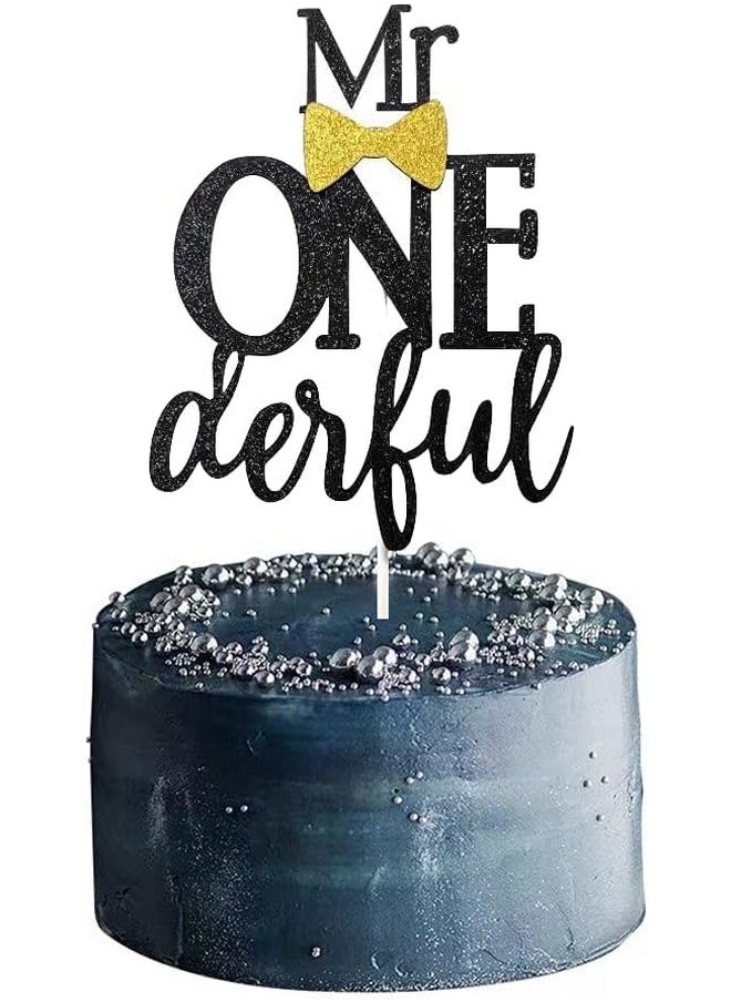 Confetti - Confetti! Mr Onederful Cake Topper Black Glitter 1st First Cake Decorations with Bow Tie 1st Birthday/Baby Shower/1st Birthday Cake Décor - Image 1