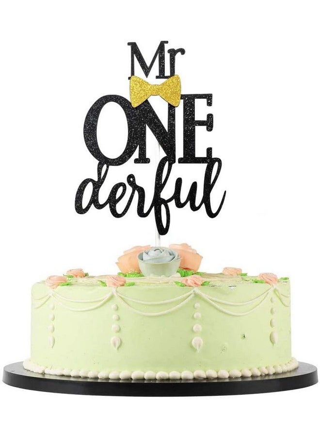 Confetti - Confetti! Mr Onederful Cake Topper Black Glitter 1st First Cake Decorations with Bow Tie 1st Birthday/Baby Shower/1st Birthday Cake Décor - Image 1