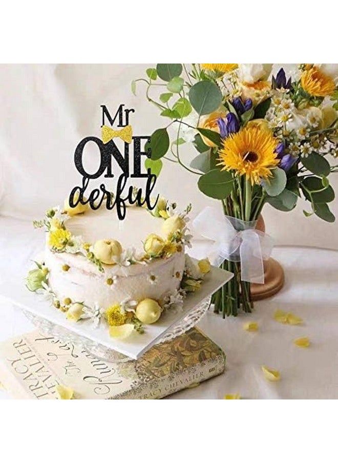 Confetti - Confetti! Mr Onederful Cake Topper Black Glitter 1st First Cake Decorations with Bow Tie 1st Birthday/Baby Shower/1st Birthday Cake Décor - Image 1