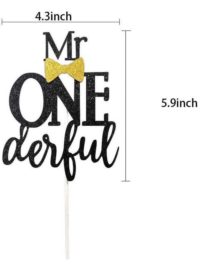 Confetti - Confetti! Mr Onederful Cake Topper Black Glitter 1st First Cake Decorations with Bow Tie 1st Birthday/Baby Shower/1st Birthday Cake Décor - Image 1