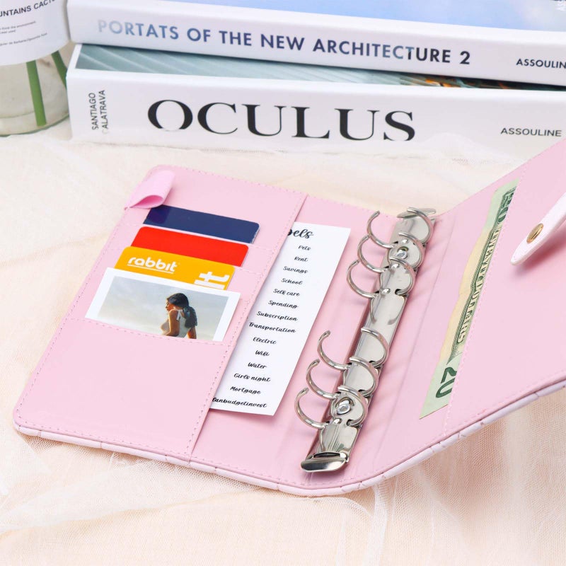 Mogoostry A6 Binder Cover Heart Shaped Stitching PU Pink Leather 6 Ring Loose Leaf Refillable Notebook Round Ring Binder Protector Snap Closure Budget Folder - Image 4