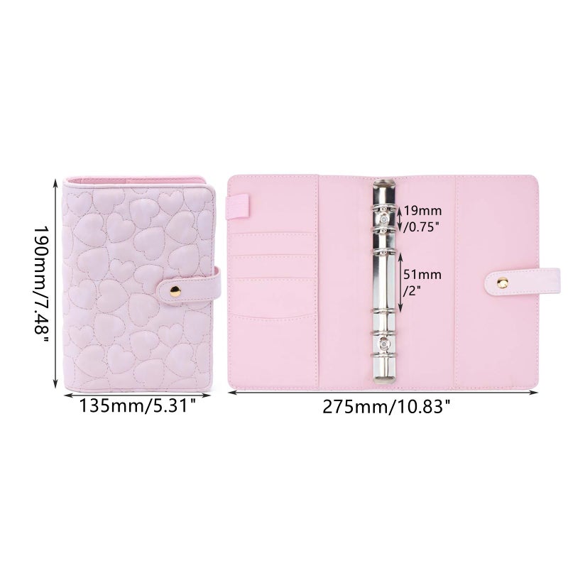 Mogoostry A6 Binder Cover Heart Shaped Stitching PU Pink Leather 6 Ring Loose Leaf Refillable Notebook Round Ring Binder Protector Snap Closure Budget Folder - Image 2