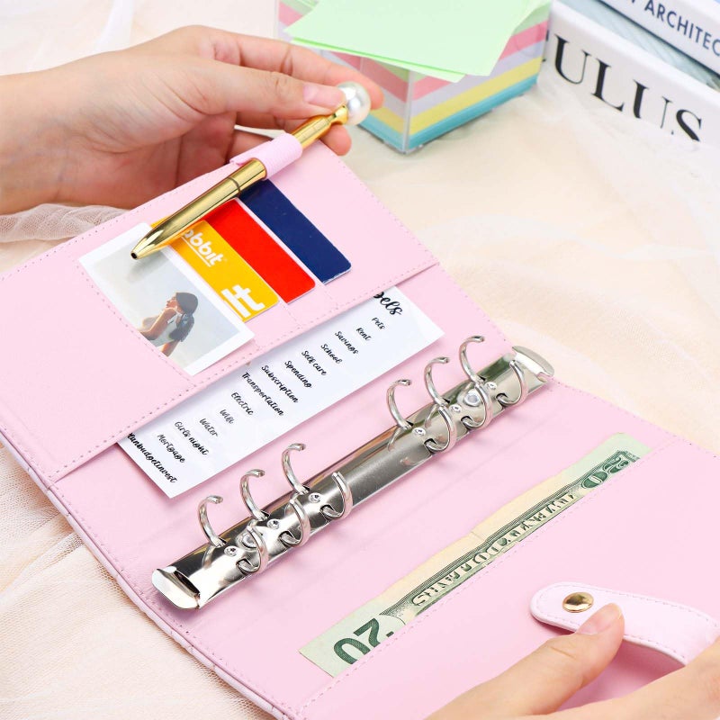 Mogoostry A6 Binder Cover Heart Shaped Stitching PU Pink Leather 6 Ring Loose Leaf Refillable Notebook Round Ring Binder Protector Snap Closure Budget Folder - Image 5