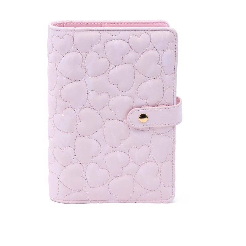 Mogoostry A6 Binder Cover Heart Shaped Stitching PU Pink Leather 6 Ring Loose Leaf Refillable Notebook Round Ring Binder Protector Snap Closure Budget Folder - Image 1