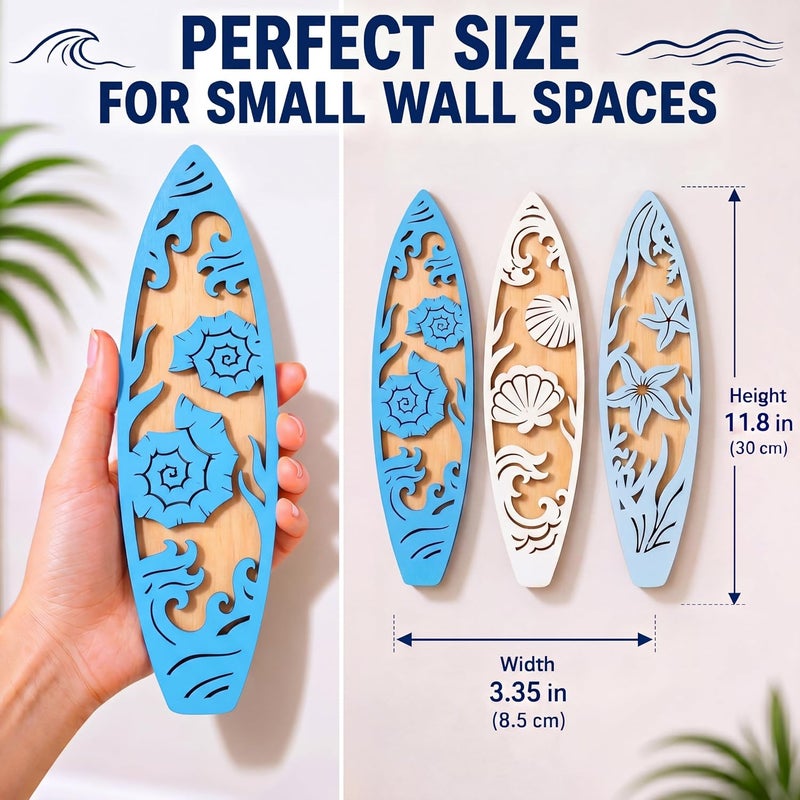 Sliner مجموعة زينة حائط سيرف بورد شاطئ المحيط مكونة من 3 قطع لغرفة النوم، مقاس 11.8 × 3.35 بوصة، بتصميم هاواي الساحلي من الخشب المعلق، مع أصداف بحرية ونجم البحر ومحارة، ديكور غرفة بحري أزرق شاطئي، هدية مناسبة لحفلات العطلة الصيفية. - Image 3