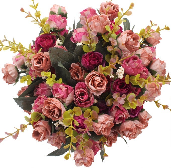 7 BRANCH 21 MINI ROSE HEADS ARTIFICIAL FLOWERS BOUQUET WEDDING HOME OFFICE DECORPACK OF 4 ROSE RED