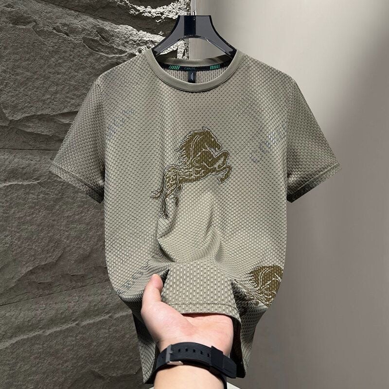 تي شيرت قصير الأكمام من حرير الثلج للرجال، موضة صيفية، علامة تجارية، تي شيرت كاجوال جديد بأكمام نصفية، رقبة دائرية، سريع الجفاف، ضيق - Image 3