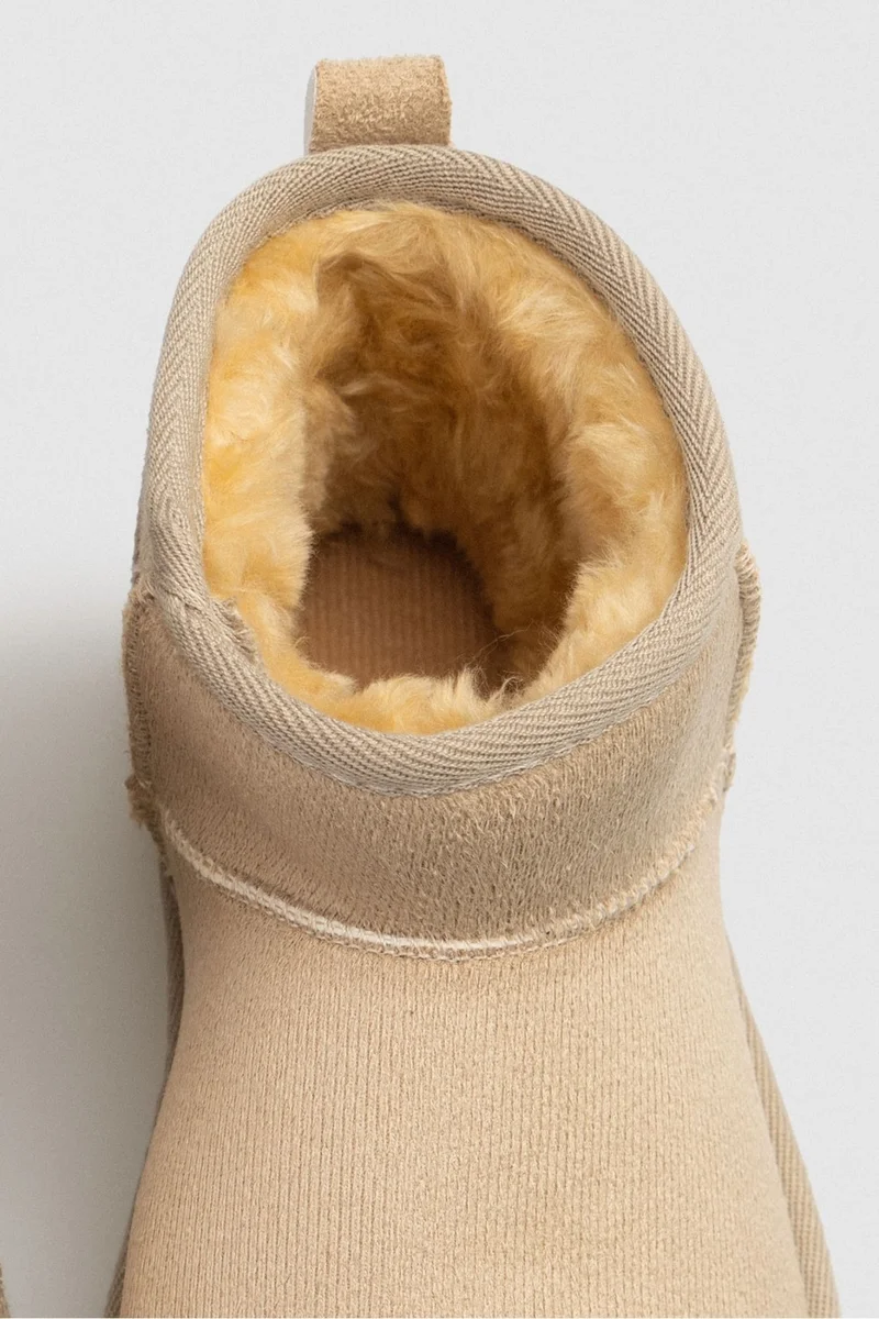 Nişantaşı Shoes Mini Sand Beige Suede Half Boots Furry Flat Sole Women's Shoes