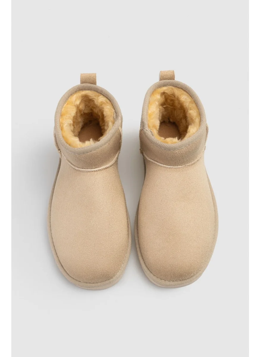 Nişantaşı Shoes Mini Sand Beige Suede Half Boots Furry Flat Sole Women's Shoes