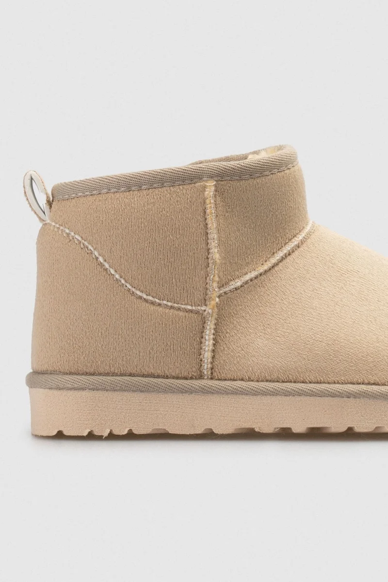 Nişantaşı Shoes Mini Sand Beige Suede Half Boots Furry Flat Sole Women's Shoes
