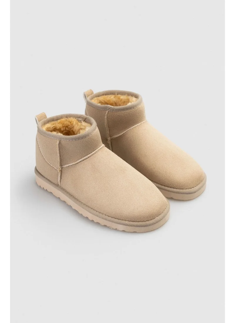 Nişantaşı Shoes Mini Sand Beige Suede Half Boots Furry Flat Sole Women's Shoes
