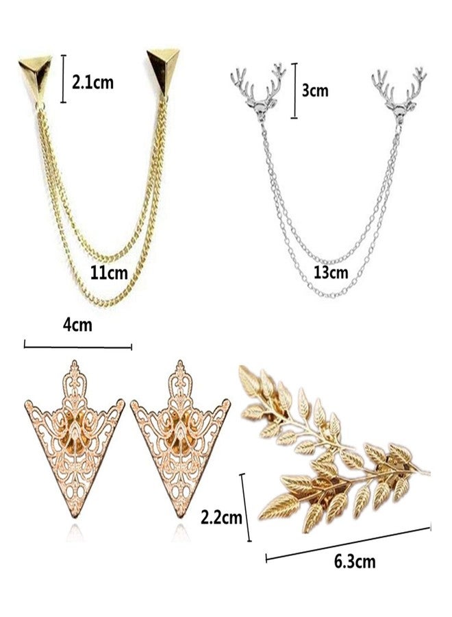 YouU TFYU 4 Pcs Deer Head Double Link Chains, Gold Stud, Retro Hollow Pattern and Angle Triangle Tassels Collar Pins Brooch Clip Pin Brooches Shirt Collar Decoration Parts with Free Box - Image 2