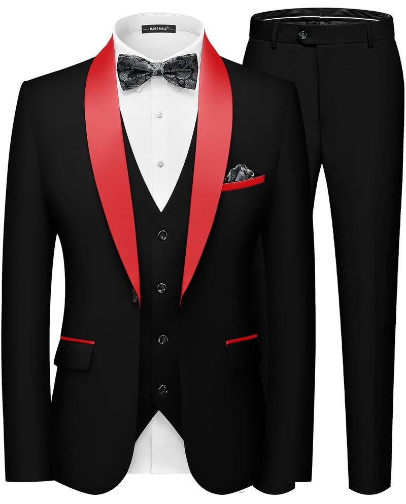 MAGE MALE Men's Slim Fit 3 Piece Suit One Button Solid Shawl Lapel Blazer Jacket Vest Pants Set with Tie Pocket Square Black-red - Image 1