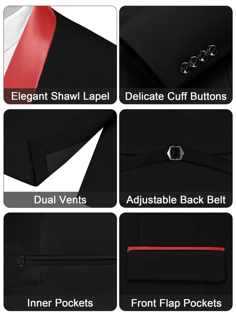 MAGE MALE Men's Slim Fit 3 Piece Suit One Button Solid Shawl Lapel Blazer Jacket Vest Pants Set with Tie Pocket Square Black-red - Image 3
