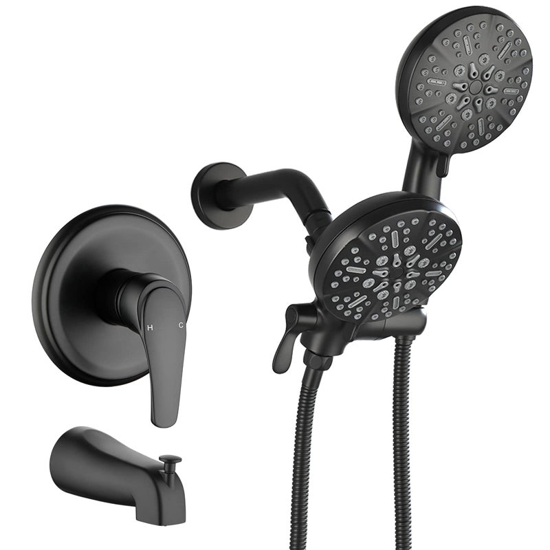 DIFEINI Tub and Shower Faucet Set Complete Dual Shower Head and Handheld 2 in 1 Combo Set Shower System with Tub Spout Tub and Shower Trim Kit Matte Black - Image 1