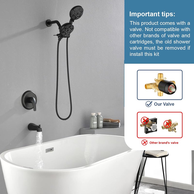 DIFEINI Tub and Shower Faucet Set Complete Dual Shower Head and Handheld 2 in 1 Combo Set Shower System with Tub Spout Tub and Shower Trim Kit Matte Black - Image 2