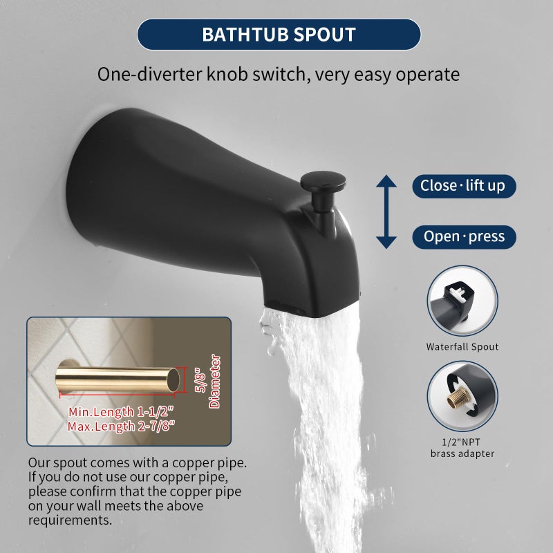 DIFEINI Tub and Shower Faucet Set Complete Dual Shower Head and Handheld 2 in 1 Combo Set Shower System with Tub Spout Tub and Shower Trim Kit Matte Black - Image 4