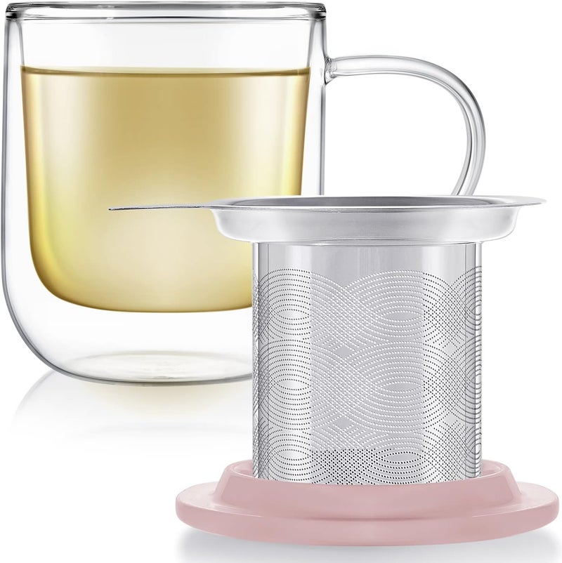 Teabloom Tea-For-One Steeping Mug – Insulated Double Wall Glass Mug (12 oz), Stainless Steel Infuser, Porcelain Lid/Coaster – Great For Brewing Loose Leaf Tea - Image 5