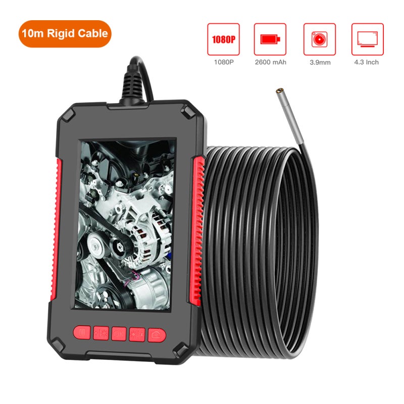 Endoscope Inspection Camera: 10m Rigid Cable, Red, 4.3 Inch LCD Screen, 6 Adjustable LED Lights, IP67 Waterproof - 1920*1080P HD Lens, 40mm To 5000mm Focal Range for Automobile, Pipeline, Air Conditio - Image 1