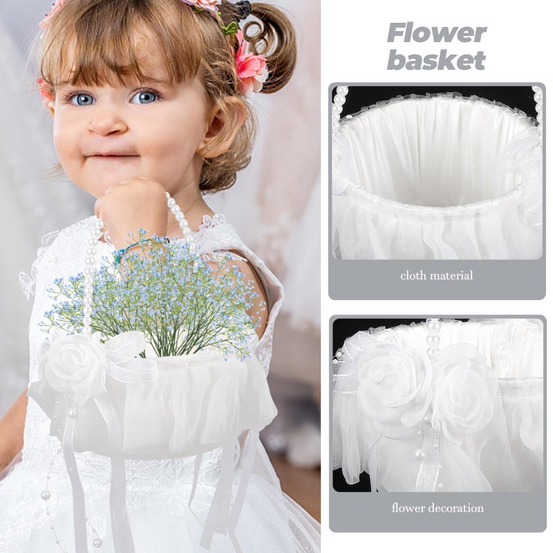 White Flower Girl Basket with Pearl Detail and Handle for Wedding Petals - Image 4