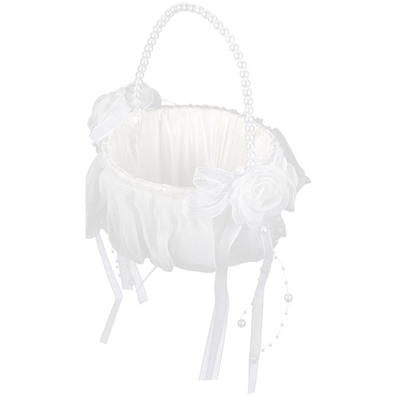 White Flower Girl Basket with Pearl Detail and Handle for Wedding Petals - Image 2