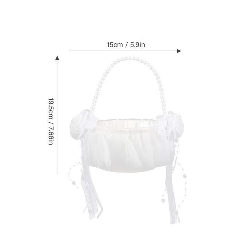 White Flower Girl Basket with Pearl Detail and Handle for Wedding Petals - Image 3