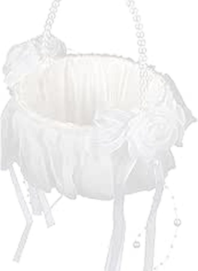 White Flower Girl Basket with Pearl Detail and Handle for Wedding Petals - Image 1