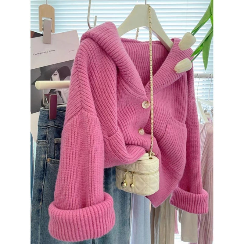 Coat 2024 Hooded New Korean Loose Lazy Short Top Early Spring Knitted Sweater Cardigan Outer Wear - Image 2