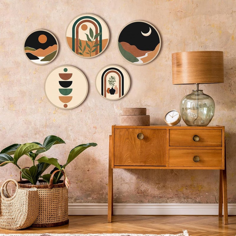 Qunclay 5 Pcs Wall Art Decor Wooden Living Room Wall Decor Bohemian Hanging Farmhouse Geometric 10'' and 8'' Aesthetic Wood Minimalist Posters for Bedroom(Sunset) - Image 4