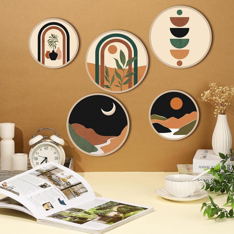 Qunclay 5 Pcs Wall Art Decor Wooden Living Room Wall Decor Bohemian Hanging Farmhouse Geometric 10'' and 8'' Aesthetic Wood Minimalist Posters for Bedroom(Sunset) - Image 2