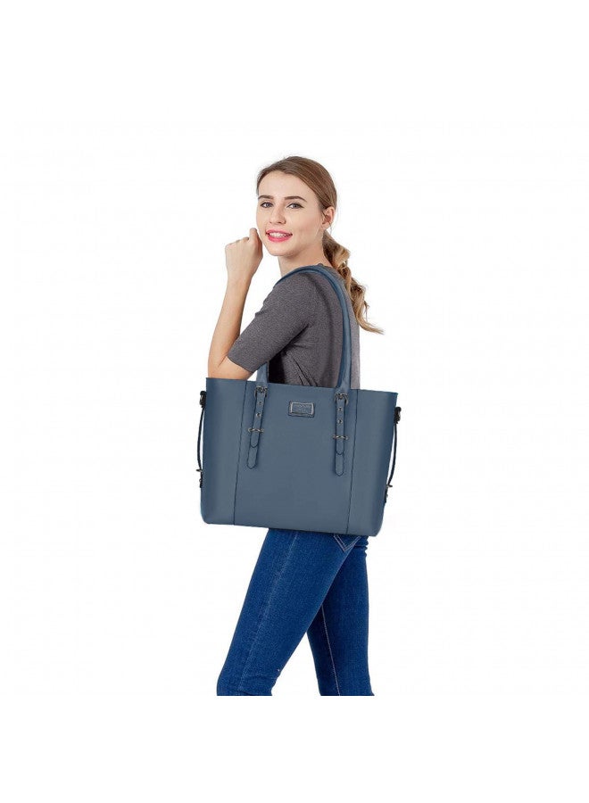 Mosiso MOSISO PU Leather Laptop Tote Bag for Women (15-16 inch), Waterproof Large Capacity Business Work Briefcase Shoulder Laptop Bag, Peacock Blue  - Image 4