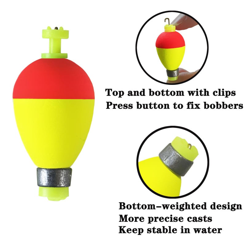 Bombite Fishing Bobbers Floats,10 Packs Weighted Bobbers for Fishing Foam Snap-on Fishing Floats Ball Oval Fishing Corks Bluegill Crappie Panfish Bass Trout Oval-Shape 1.75 in - Image 2