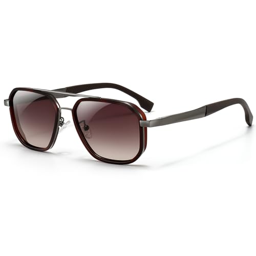 SUNGAIT Polygon Aviator Sunglasses Men Old School Style Adjustable Anti-slip Temples Polarized Lens for Driving Fishing (Matte Brown & Gunmetal Frame/Brown Gradient Lens) - Image 1