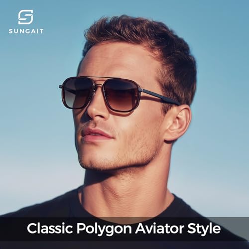 SUNGAIT Polygon Aviator Sunglasses Men Old School Style Adjustable Anti-slip Temples Polarized Lens for Driving Fishing (Matte Brown & Gunmetal Frame/Brown Gradient Lens) - Image 2