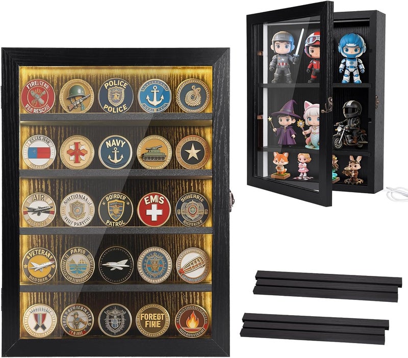 BEARUT Challenge Coin Display Case with Lights Medals Collectible Figures Display Box with Led Lighting Cabinet Clear Acrylic Holder Shadow Box Wall Mounted Rack Shelf Storage Box for Bobble Heads Black - Image 1