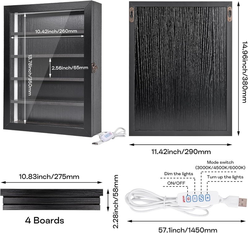 BEARUT Challenge Coin Display Case with Lights Medals Collectible Figures Display Box with Led Lighting Cabinet Clear Acrylic Holder Shadow Box Wall Mounted Rack Shelf Storage Box for Bobble Heads Black - Image 2